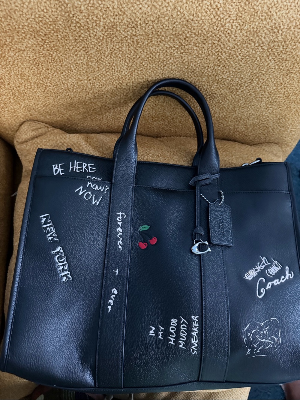 Coach Black Leather Graffiti Briefcase with Cherry Accent